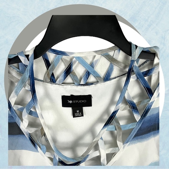 AB Studio Blues, White, Tans Blouse w Attached Tank Lattice Neckline Women M - Picture 2 of 5